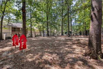 Fenced in dog park with mulch and agility equipment shaded by tall trees